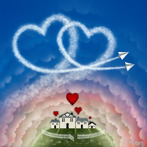 Hearts and Paper Planes by Chloe Nugent - Original Glazed Mixed Media on Board